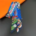 Luxury silk twilly scarf for women, elegant geometric printed long ribbon hair band. - 28