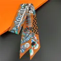 Orange Twilly silk scarf for women, stylish geometric pattern hair band and neck accessory. - 29