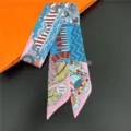Hermes style luxury silk twilly scarf, blue pink digital print skinny hair band accessory. - 30