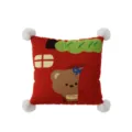 Detailed view of red decorative throw pillow cover featuring cute cartoon bear and white pom poms. - Double-Sided Print 35x35cm (Cover Without Core) / Dopamine Cartoon Bear A White Pom-Pom