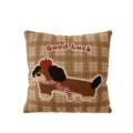 Close-up detail of the brown plaid throw pillow featuring a cute cartoon puppy design. - Double-Sided Print 35x35cm (Cover Without Core) / Chocolate Dog Pillow A