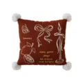 Close-up detail of red velvet cushion cover featuring cute white pom-poms and lovely lemon line art. - Double-Sided Print 35x35cm (Cover Without Core) / French Retro Pillow B White Pom-pom