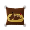 Primo piano dettagliato di un cuscino quadrato marrone con bassotto cartoon e pompon. - Stampa Bifacciale 35x35cm (Copertura Senza Imbottitura) / Bassotto B Pompon Bianco