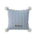Federa per cuscino a righe blu con pon pon bianchi e stampa Bonjour per divano accogliente. - Stampa Bifacciale 35x35cm (Copertura Senza Imbottitura) / Bassotto C Pompon Bianco