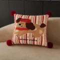 Rood gestreept puppy kussen met vier pompons, schattig cartoon sierkussen voor de bank. - Dubbelzijdige Print 35x35cm (Hoes Zonder Vulling) / Kleurbal Kant Puppy Rode Pom-Pom