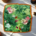 Vintage green lotus and fish print square silk scarf with bright orange border for women. - Green Background Lotus