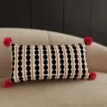 Retro polka dot striped throw pillow, decorative cushion for living room sofa and bed. - Coffee Polka Dot Beige Stripe with Red Pom-Poms