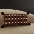 Retro polka dots lumbar pillow with black stripes and pom-poms for cozy sofa home decor. - Coffee Polka Dot Brown Stripe with Black Pom-Poms