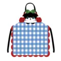 Tablier sans manches chat dessin animé mignon motif à carreaux bleus et bords festonnés rouges. - 65x75cm (Lin de coton épaissi pour adultes) / Chat de Noël 4 Sangle Noire