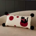 Red Christmas cat throw pillow for living room sofa, cute cartoon cushion with poms. - Polka Dot Squatting Cat (Long) Black Pom-Pom