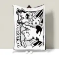 Black and white comic cat blanket, cozy fleece throw for office nap, home and student dorm use. - Welcome Home Meow