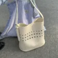 Bolso de cubo tejido calado de verano para mujer bolso bandolera casual con correa ajustable - Blanco