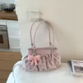 Sac à épaule plissé rose avec des pois colorés et un joli pendentif nœud pour femmes. - Rose Avec Pendentif
