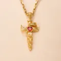 Gold stainless steel cross snake heart red zircon pendant necklace detail close up view - Snake Wrapped Cross Heart Style / Red (DZ1861)
