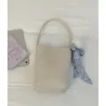 Minimalist beige bucket shoulder bag with blue paisley silk scarf variant, chic. - With Pendant / Gray