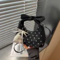 Black polka dot crescent handbag with cute bow and heart pendant for daily fashion women - With Pendant / Black