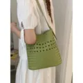 Grüne gewebte Eimer-Tasche mit Lochmuster für Damen, modische Sommer Schultertasche. - Grün