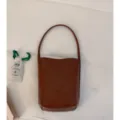 Minimalist brown leather bucket bag, chic single shoulder underarm handbag for women summer. - No Pendant / Brown