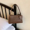 Elegant brown woven leather shoulder bag for women, chic hollow-out daily handbag. - Brown