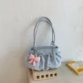 Sac porté épaule bleu clair à pois, cabas mignon avec nœud et double poignée élégante. - Bleu Avec Pendentif