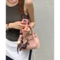 Pink textured mini tote bag with cute charms, stylish women's shoulder handbag variant. - With Charm / Pink