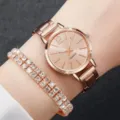Women's rose gold quartz watch with matching double-row rhinestone bracelet fashion style. - Rose Gold Watch and Bracelet (No Box)