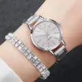 Women quartz watch silver metal strap elegant wristwatch with sparkling rhinestone bracelet - Silver Watch and Bracelet (No Box)