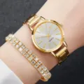 Women gold quartz watch with rhinestone bracelet set, elegant fashion metal strap wrist watch. - Gold Watch and Bracelet (No Box)