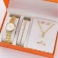 Elegante Damen Quarzarmbanduhr und Kristall Schmuck Set mit Kette Ohrringen Ring Armband. - Stil 4 Schmuckset / Gold Schmuckset Typ B (Keine Box)