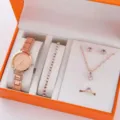 Roségold Quarz-Uhr Schmuck-Set mit Halskette Armband Ohrringen und Ring für Damen. - Stil 3 Schmuckset / Roségold Schmuckset (Keine Box)