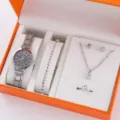Damenuhr und Schmuck Geschenke Set mit Quarz Armbanduhr, Armband, Halskette und Ohrringen. - Stil 2 Schmuckset / Gold Schmuckset (Keine Box)