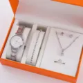 Elegantes Damenuhr Schmuckgeschenkset mit Quarzarmbanduhr, glitzernder Halskette und Armband. - Stil 1 Schmuckset / Silber Schmuckset (Keine Box)