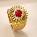 Vintage Edelstahl Sonnenblumen Offener Ring mit rotem Stein Damen Modeschmuck Geschenk - Rotes Katzenauge
