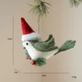 Cute Christmas felt bird hanging ornament featuring Santa hat and pine branch decor. - Style A Green