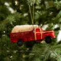 Red vintage Christmas truck tree ornament with pine tree holiday hanging decoration - Red Car