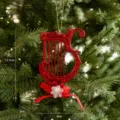 Red Christmas tree ornament, harp shaped hanging decoration with bow and pearl - Harp Decoration