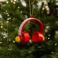 Red headphone Christmas tree ornament with pearl and pompom decor, festive holiday hanging decor. - Headphone