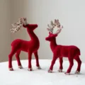 Red flocked Christmas reindeer figurine with sequin antlers, festive desktop holiday decor set. - Display Set 1 (17 PCS)