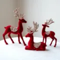 Red flocked Christmas reindeer figurines, sequin antler fawn ornaments for holiday table decor. - Display Set 3 (3 PCS)