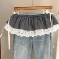 Mujer falda falsa en capas de encaje a cuadros con jeans azules estilo moderno chic - Talla única / Bottoms / Cuadros Negro