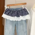 Extensión de cintura de cuadros y encaje estilo coreano, falda de capas para mujeres. - Talla única / Bottoms / Cuadros Grandes Marino
