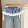 Blue plaid lace denim skirt fake two-piece layering skirt with nice waist ribbon chic - One Size / Bottoms / Blue Mini Check