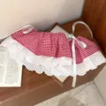 Korean style red gingham skirt extender with white lace trim and ribbon ties for layering women. - One Size / Bottoms / Red Plaid