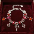 Bracelet charms en argent perles rouges pendentifs cœur couronne plume cadeau femme chic. - 16cm / Style Z-003