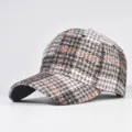 Detailed view of the autumn winter plaid baseball cap tweed fabric curved brim chic style - Adjustable / Green and Blue Embroidery (03)