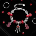 Bracelet charms en argent avec perles rouges et pendentifs dollar pour femme bijou mode. - 16cm / Style Z-002