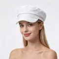 Weißes Baumwoll-Leinen Schiebermütze Detail, retro Baker-Boy Mütze Textur, modisches Streetwear-Accessoire. - Verstellbar / Metallische Oktogonale Mütze / Weiß