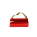 Glanzende rode cilindrische avondtas met uniek goudkleurig metalen handvat en ketting. - Rood