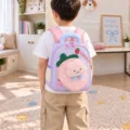 Detailed view of the cute purple strawberry cloud backpack in a cozy children room setting. - Purple