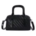 Zwarte geweven PU leer cilinder handtas detail, stijlvolle elegante crossbody tas. - Zwart
